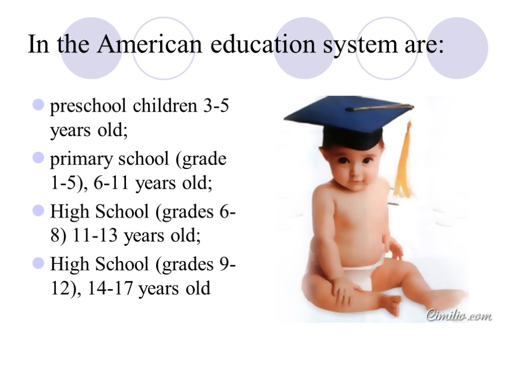 In the American education system are: preschool children 3-5 years old; primary school (grade